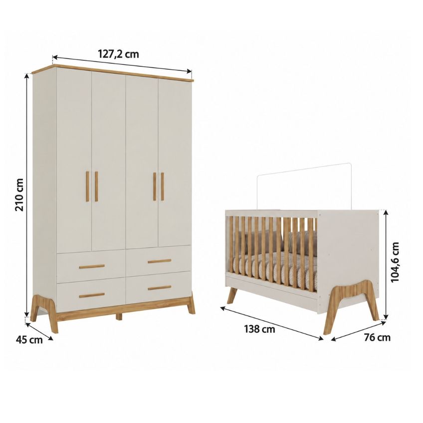 Quarto De Bebê Berço Mini Cama 5 Em 1 E Guarda Roupa 4 Portas 4 Gavetas Em Mdf Guti Móveis Peroba - imagem 3