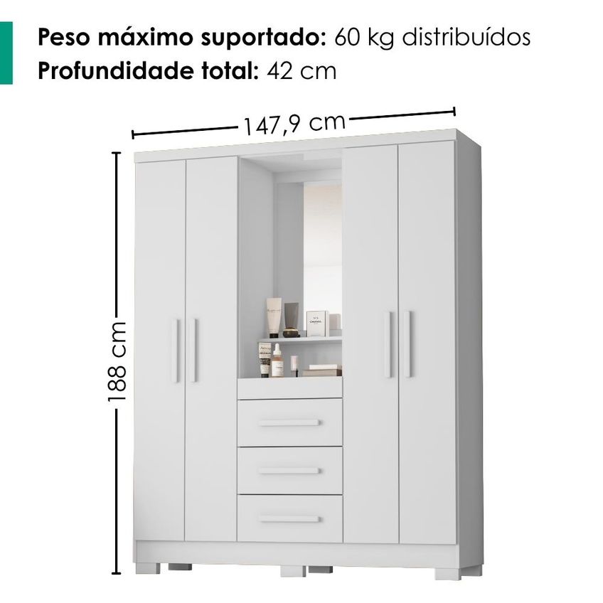 Guarda Roupa Com Capela 4 Portas 3 Gavetas 148 Cm Lyon Branco Rudk - imagem 3