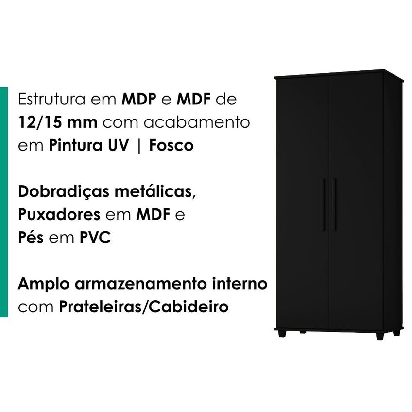 Guarda Roupa Multiuso 2 Portas 189x82 Cm Portugal Preto Rudk - imagem 5