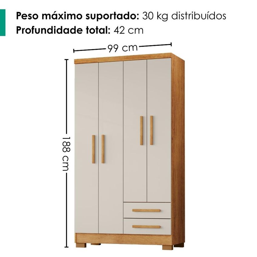 Guarda Roupa Solteiro 4 Portas 2 Gavetas 188x99 Cm Madri Cedro Areia Rudk - imagem 3