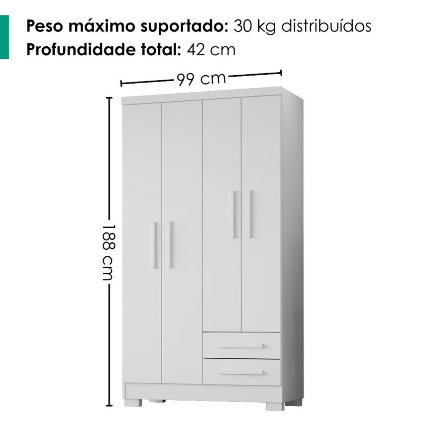 Guarda Roupa Solteiro 4 Portas 2 Gavetas 188x99 Cm Madri Branco Rudk - imagem 3