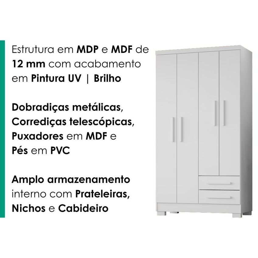 Guarda Roupa Solteiro 4 Portas 2 Gavetas 188x99 Cm Madri Branco Rudk - imagem 5