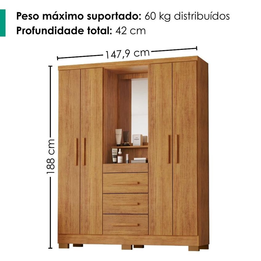 Guarda Roupa Com Capela 4 Portas 3 Gavetas 148 Cm Lyon Cedro Rudk - imagem 3