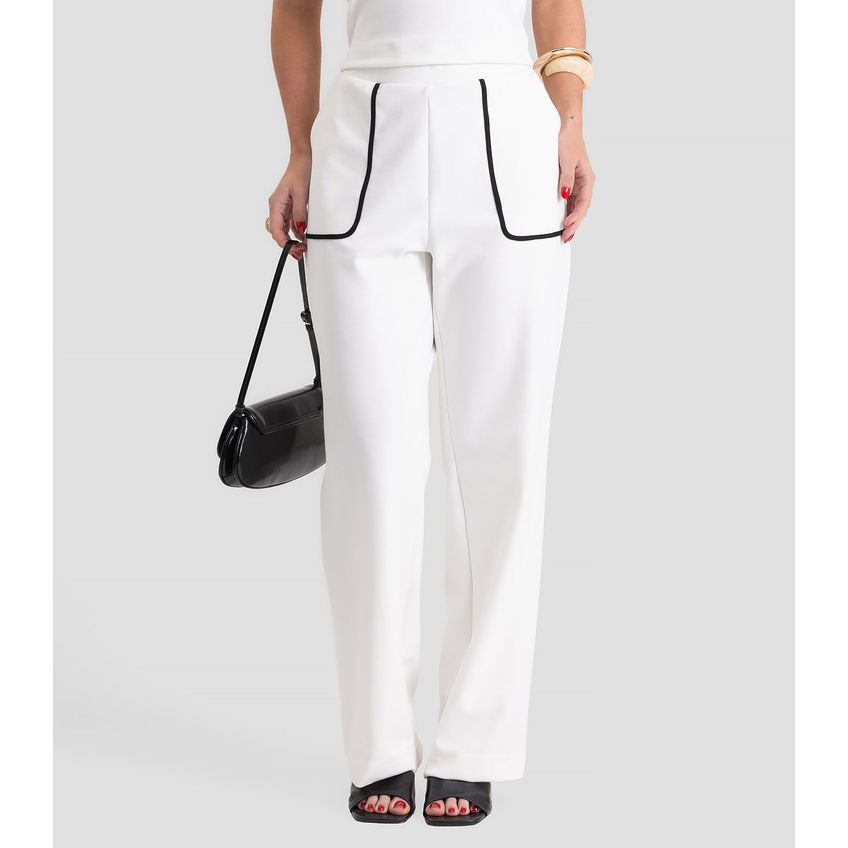 Calça Wide Leg Feminina Com Bolsos Dianna Bege G - imagem 4