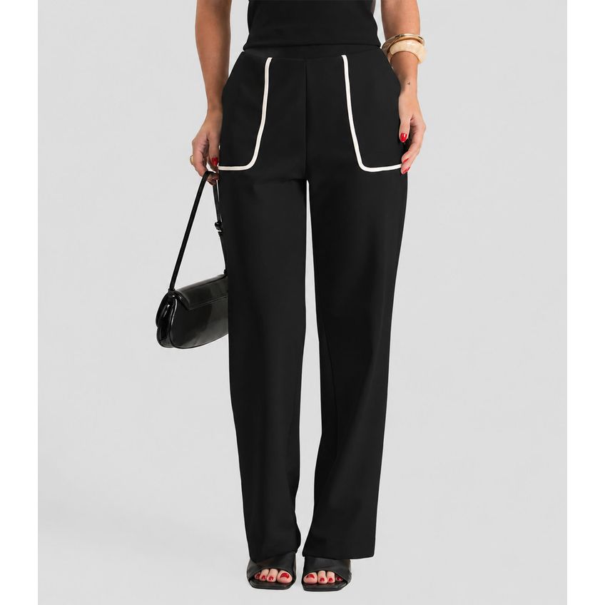 Calça Wide Leg Feminina Com Bolsos Dianna Preto P - imagem 4