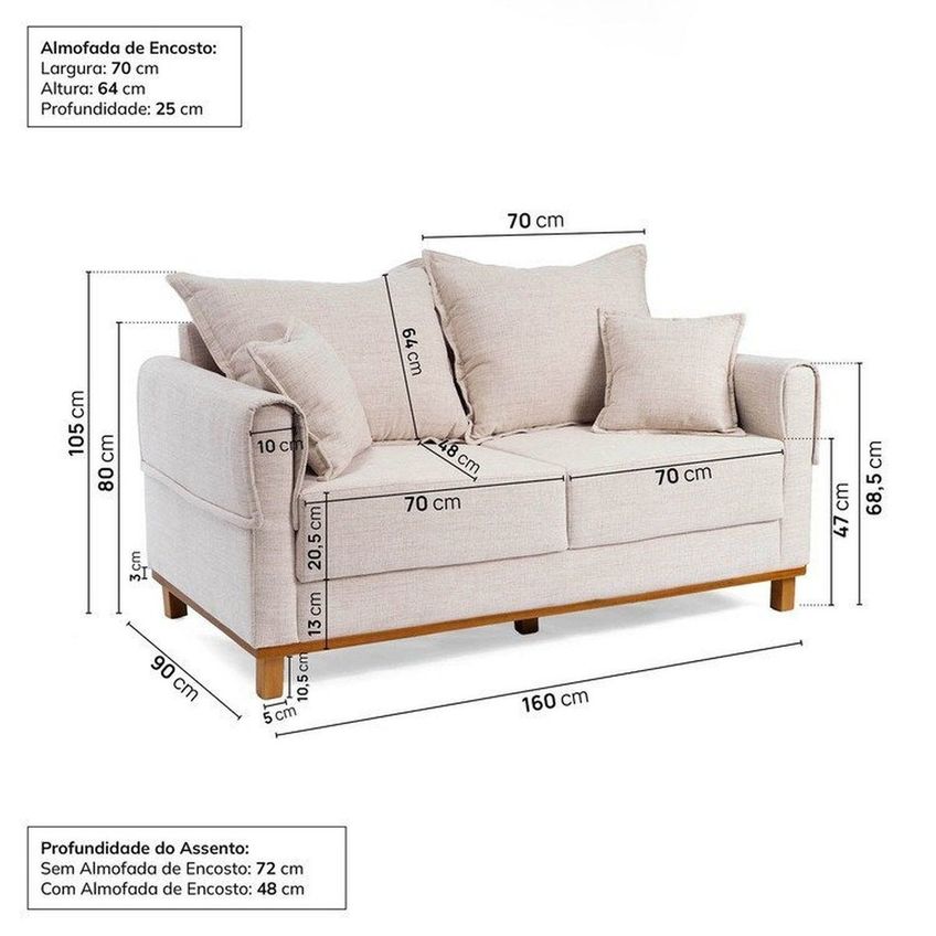 Conjunto Sofá Living 2 Lugares 160cm Com Puff Linho Ananda Cabecasa Madeiraoriginals Bege/creme Bege/creme - imagem 3