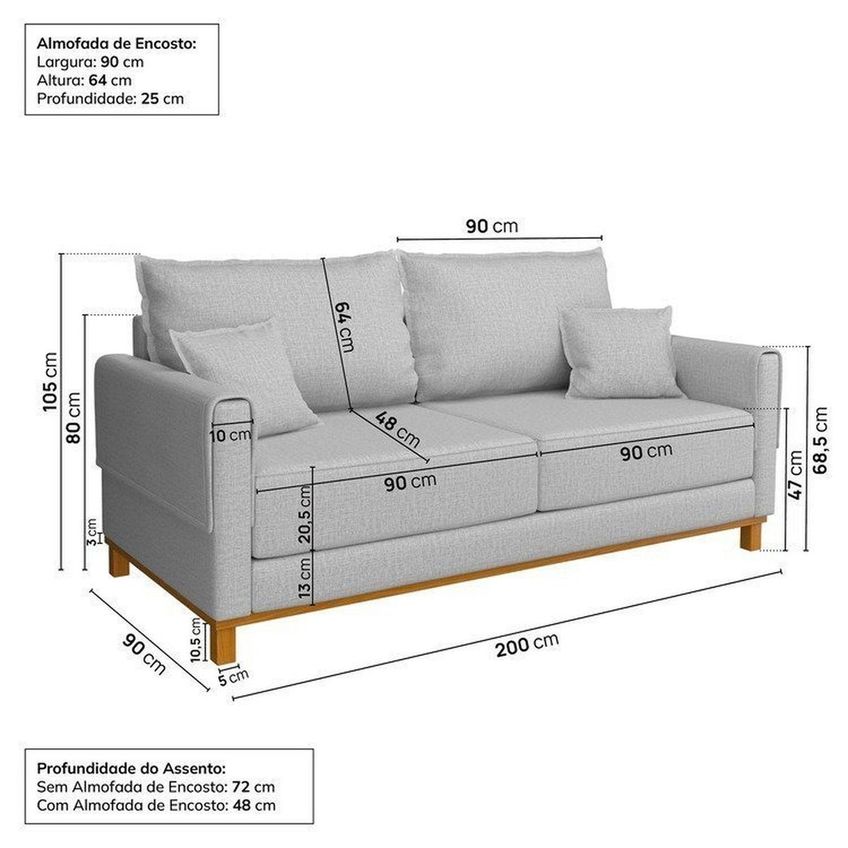 Conjunto Sofá Living 3 Lugares 200cm Com Puff Linho Ananda Cabecasa Madeiraoriginals Cinza Cinza - imagem 3