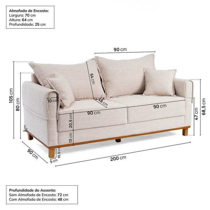 Conjunto Sofá Living 3 Lugares 200cm Com Puff Linho Ananda Cabecasa Madeiraoriginals Bege/creme Bege/creme - imagem 4