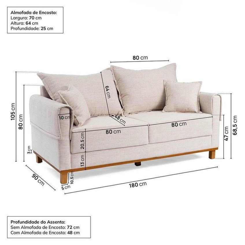 Conjunto Sofá Living 2 Lugares 180cm Com Puff Linho Ananda Cabecasa Madeiraoriginals Bege/creme Bege/creme - imagem 3