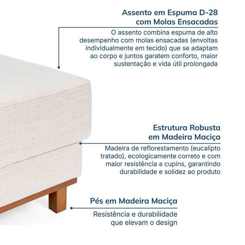 Conjunto Sofá Living 2 Lugares 180cm Com Puff Linho Ananda Cabecasa Madeiraoriginals Bege/creme Bege/creme - imagem 5