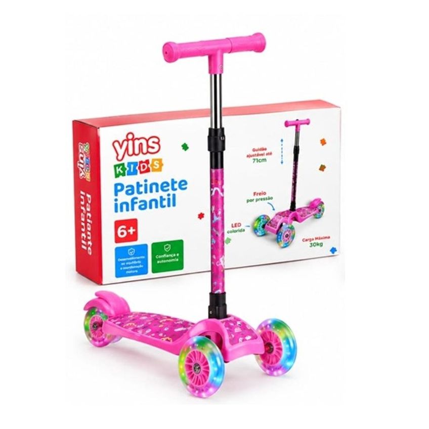 Patinete Infantil Rosa C/ Guidão Ajustável E Led - Yins Kids - imagem 4