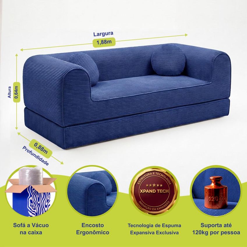Sofá Cama Cotton 1,88m Xpand Tech Tecido Velourê Azul Cama Inbox - imagem 3