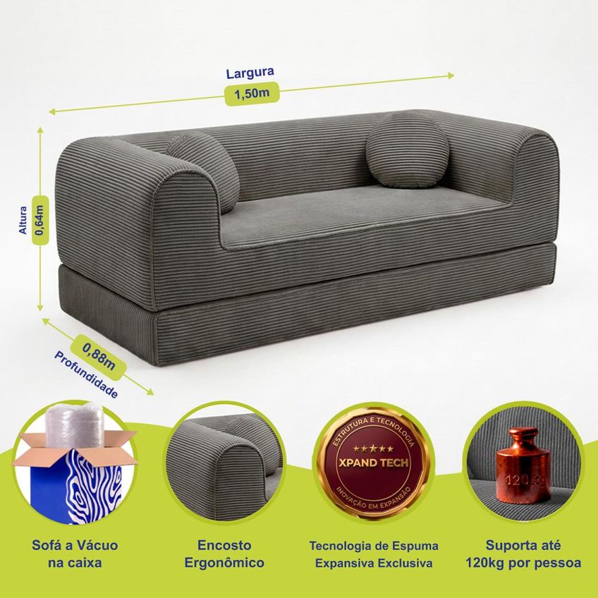 Sofá Cama Cotton 1,50m Xpand Tech Tecido Velourê Cinza Escuro Cama Inbox - imagem 3
