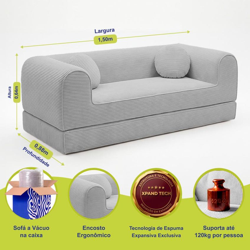 Sofá Cama Cotton 1,50m Xpand Tech Tecido Velourê Cinza Claro Cama Inbox - imagem 3