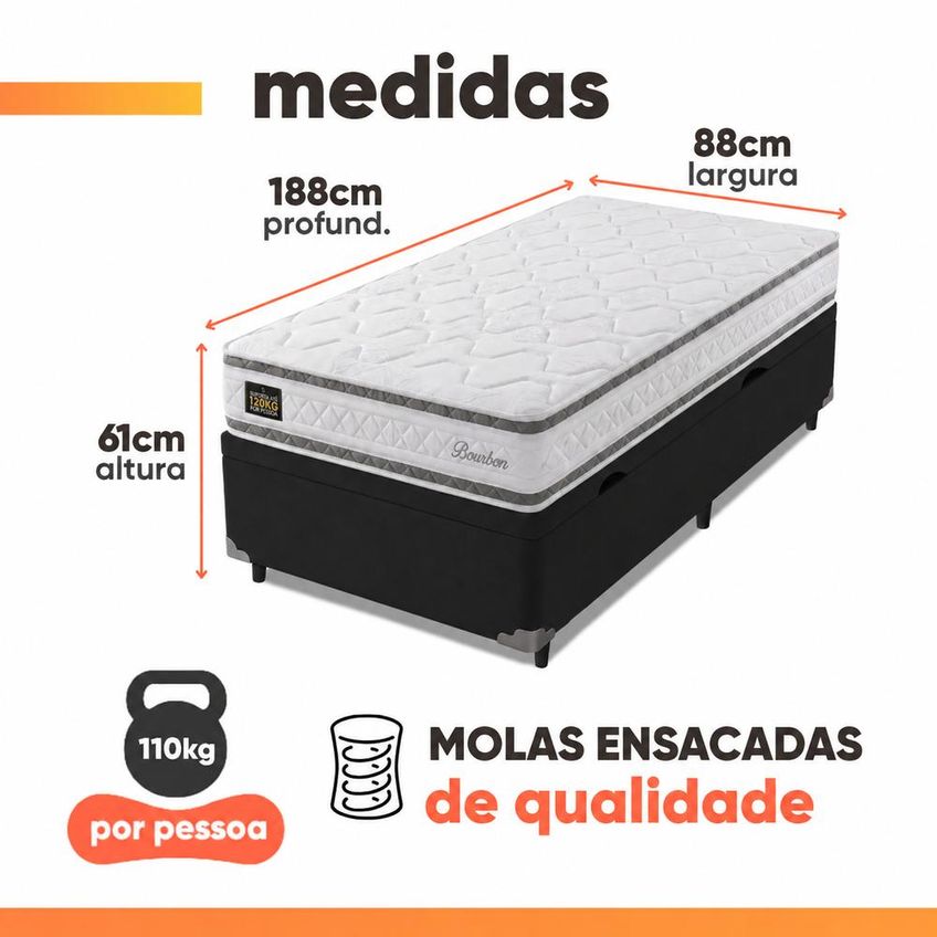 Cama Box Baú Solteiro Molas Ensacadas Bourbon 88x188x61cm Hellen Suporta Até 110 Kg Por Pessoa - imagem 3