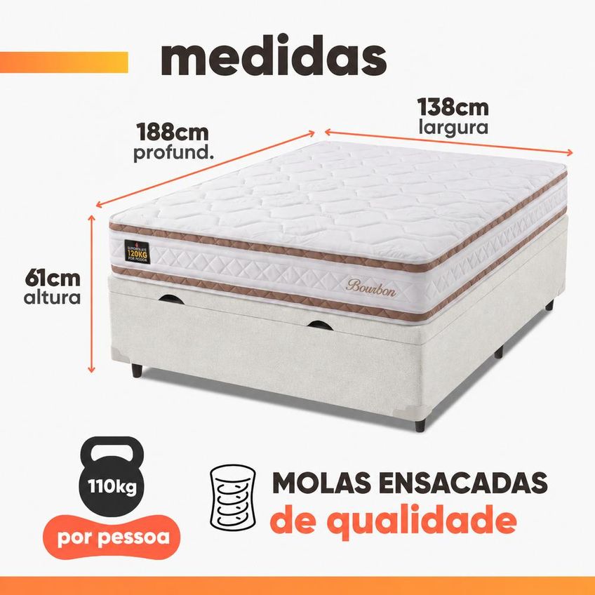 Cama Box Baú Solteiro Molas Ensacadas Bourbon 88x188x61cm Hellen Suporta Até 110 Kg Por Pessoa - imagem 3