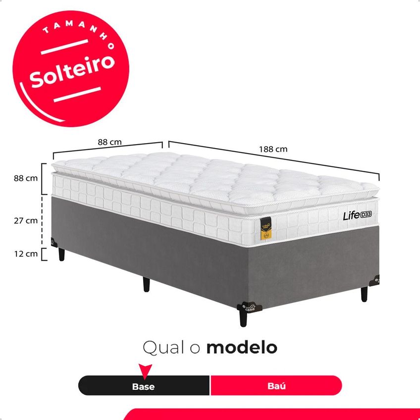 Cama Box Base Solteiro Cinza + Colchão Life D33 Pillow Top 61x88x188cm Branco - E-shop Casa - imagem 3