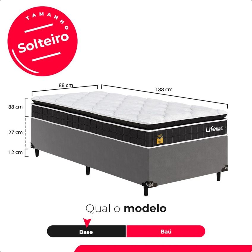 Cama Box Base Solteiro Cinza + Colchão Life D33 Pillow Top 61x88x188cm - Preto - E-shop Casa - imagem 3