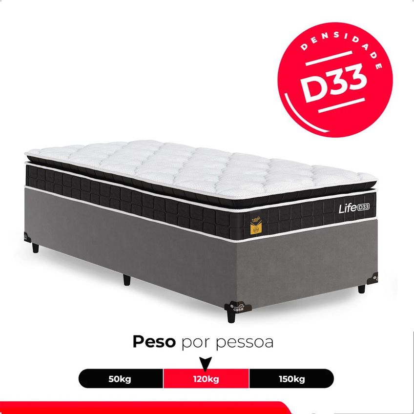 Cama Box Base Solteiro Cinza + Colchão Life D33 Pillow Top 61x88x188cm - Preto - E-shop Casa - imagem 5