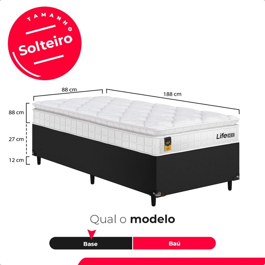 Cama Box Base Solteiro Couro Preto + Colchão Life D33 Pillow Top 61x88x188cm Branco- E-shop Casa - imagem 3