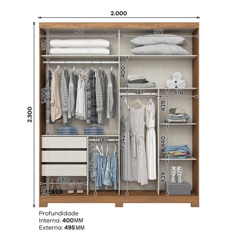 Guarda Roupa Verg 02 Portas Deslizantes Nature/off White - Móveis Henn - imagem 5