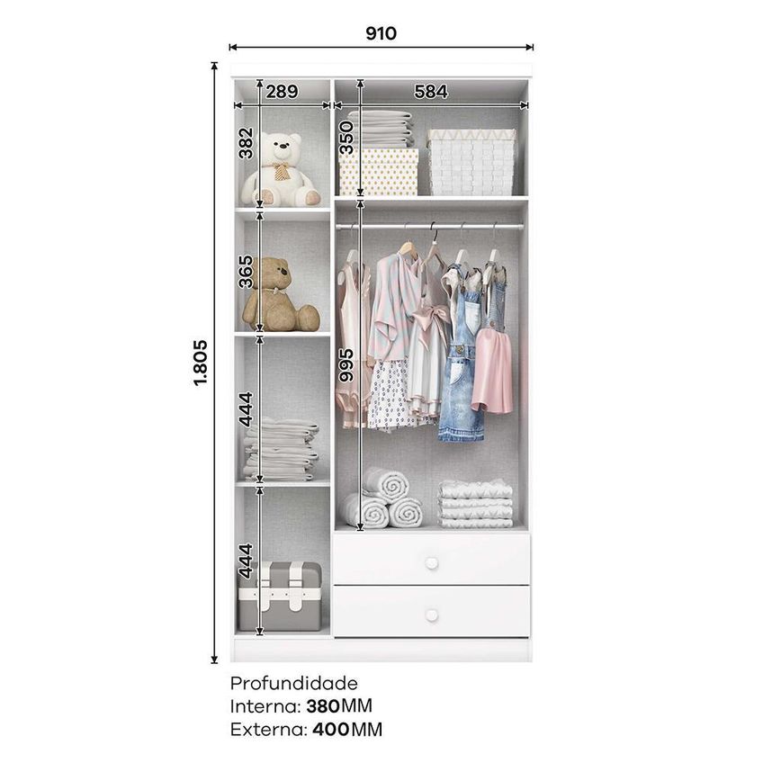 Jogo De Quarto Infantil Bala De Menta Com Guarda Roupa E Cômoda Branco - Móveis Henn - imagem 5