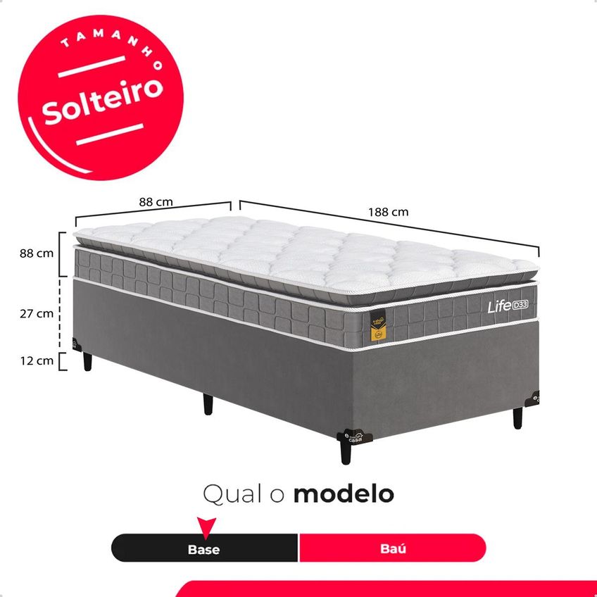 Cama Box Base Solteiro + Colchão Life D33 Pillow Top 61x88x188cm - Cinza - E-shop Casa - imagem 3