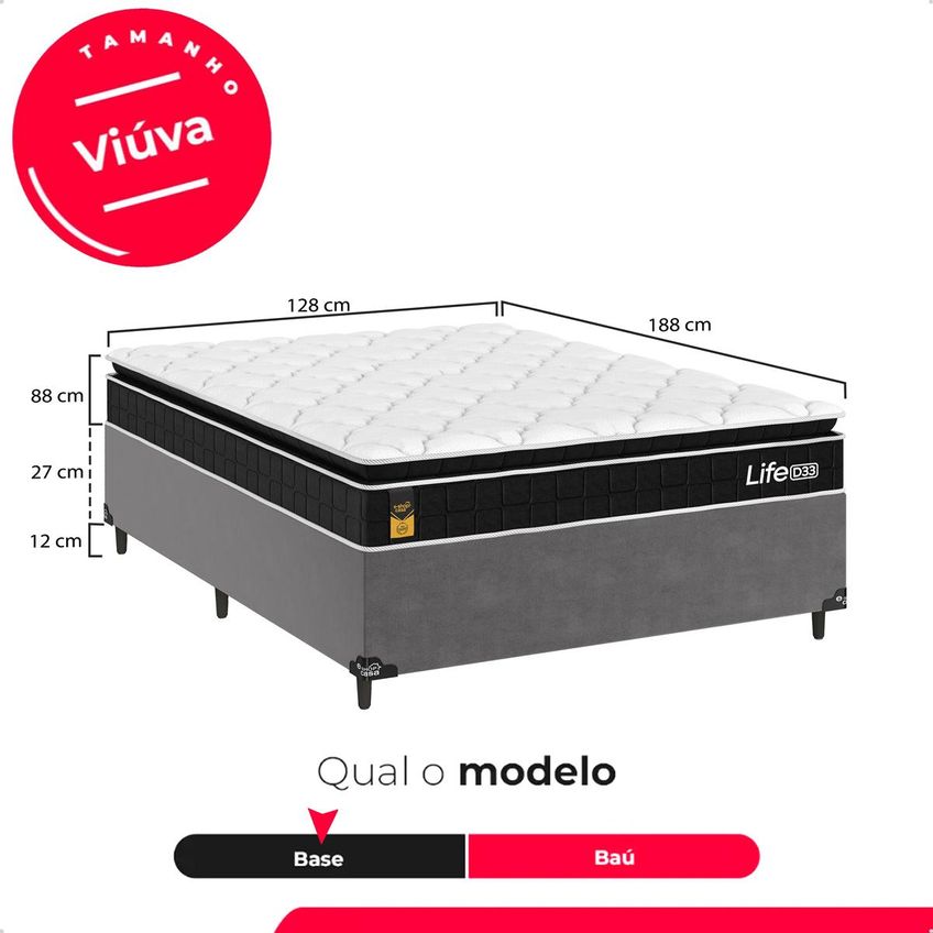 Cama Box Cinza Viúva + Colchão Life D33 Pillow Top Preto - 61x128x188cm - E-shop Casa - imagem 3