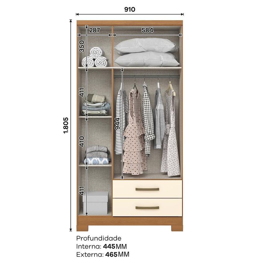 Guarda Roupa Solteiro Açaí 3 Portas E 2 Gavetas Cinamomo/off White - Móveis Henn - imagem 5