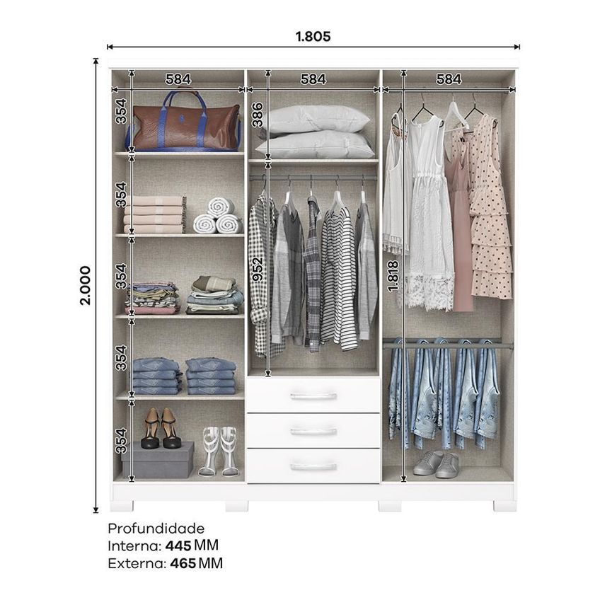 Guarda Roupa Casal Caju 6 Portas E 3 Gavetas Branco - Móveis Henn - imagem 5