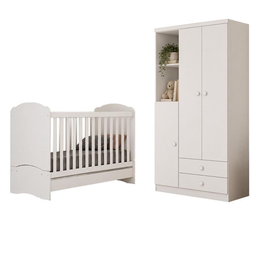 Jogo De Quarto Infantil Bala De Menta Com Guarda Roupa E Berço Branco - Móveis Henn - imagem 2