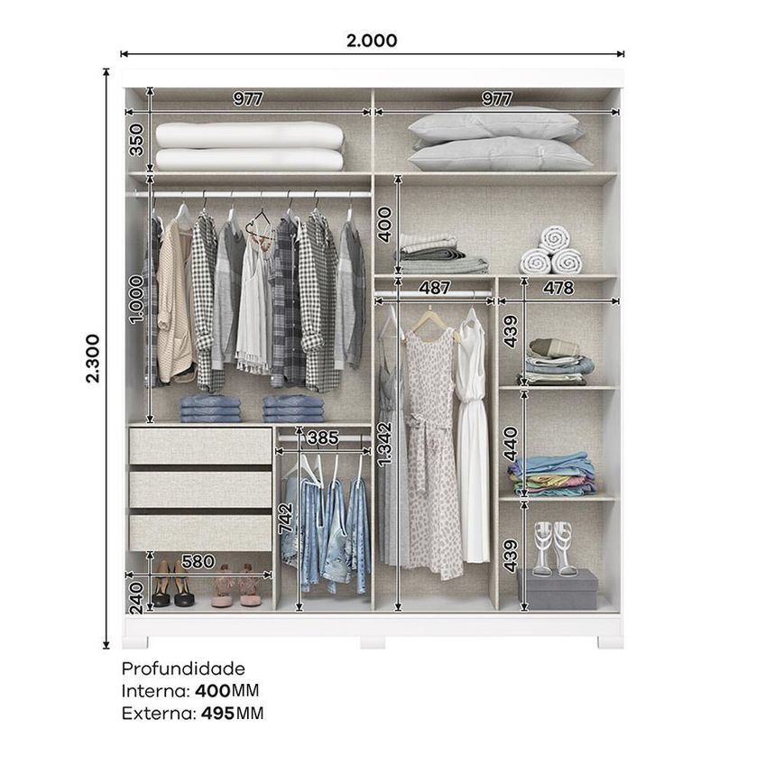 Guarda Roupa Verg 02 Portas Deslizantes Branco - Móveis Henn - imagem 5