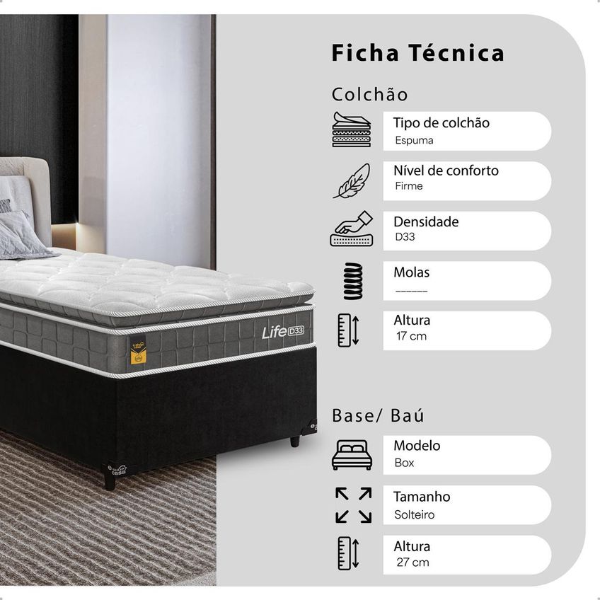 Cama Box Base Solteiro Couro Preto + Colchão Life D33 Pillow Top 61x88x188cm - Cinza - E-shop Casa - imagem 2