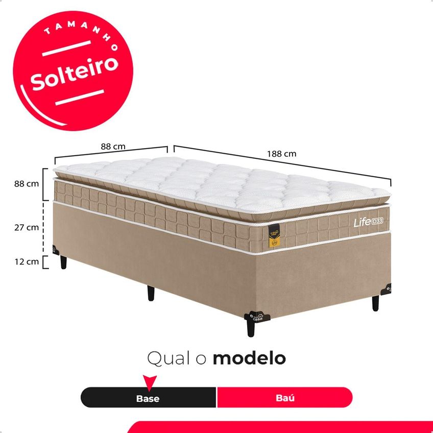 Cama Box Base Solteiro + Colchão Life D33 Pillow Top 61x88x188cm - Bege - E-shop Casa - imagem 3