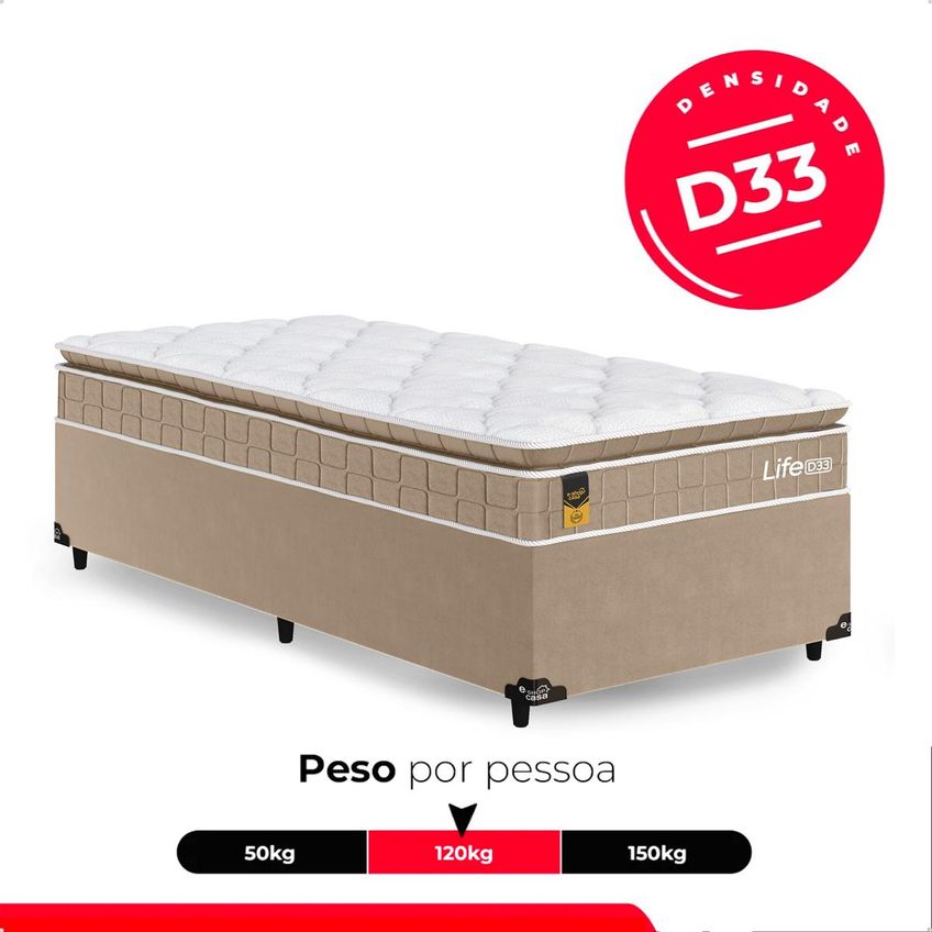 Cama Box Base Solteiro + Colchão Life D33 Pillow Top 61x88x188cm - Bege - E-shop Casa - imagem 5