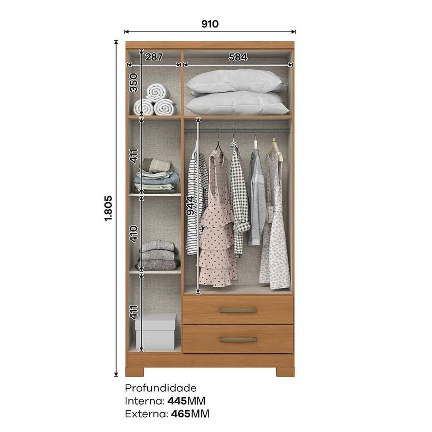 Guarda Roupa Solteiro Açaí 3 Portas E 2 Gavetas Cinamomo - Móveis Henn - imagem 5