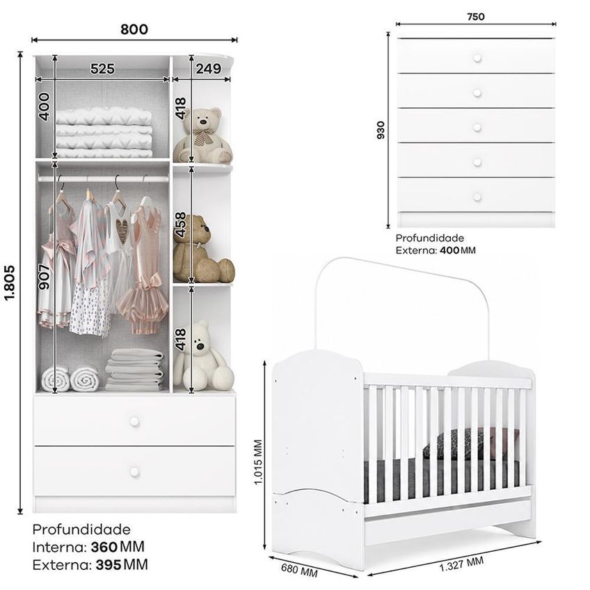 Dormitório Bala De Menta Guarda Roupa, Cômoda E Berço Branco Com Colchãobaby Physical - Móveis Henn - imagem 5