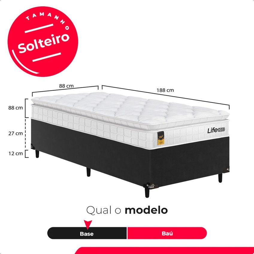Cama Box Base Solteiro Preto + Colchão Life D33 Pillow Top 61x88x188cm - Branco - E-shop Casa - imagem 3