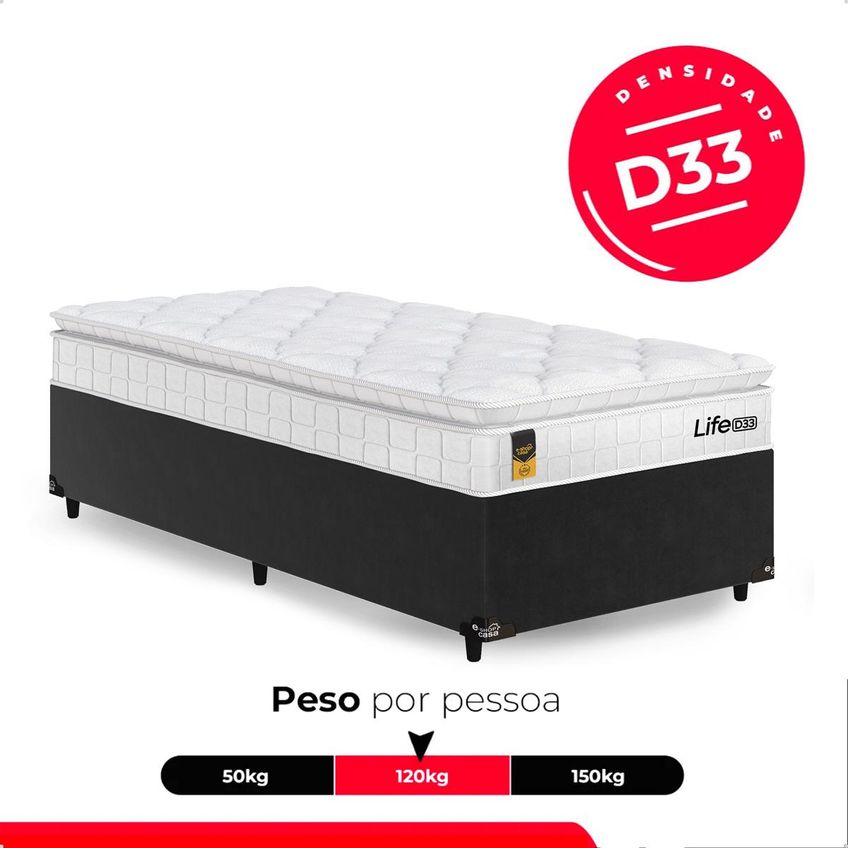Cama Box Base Solteiro Preto + Colchão Life D33 Pillow Top 61x88x188cm - Branco - E-shop Casa - imagem 4