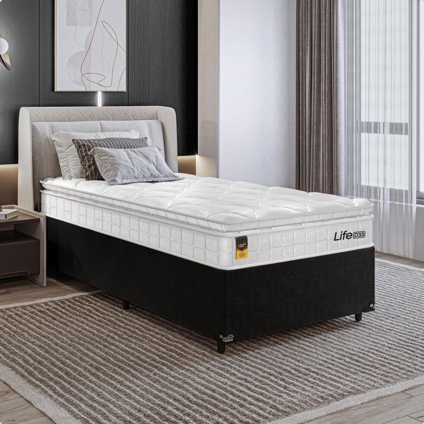 Cama Box Base Solteiro Preto + Colchão Life D33 Pillow Top 61x88x188cm - Branco - E-shop Casa - imagem 5