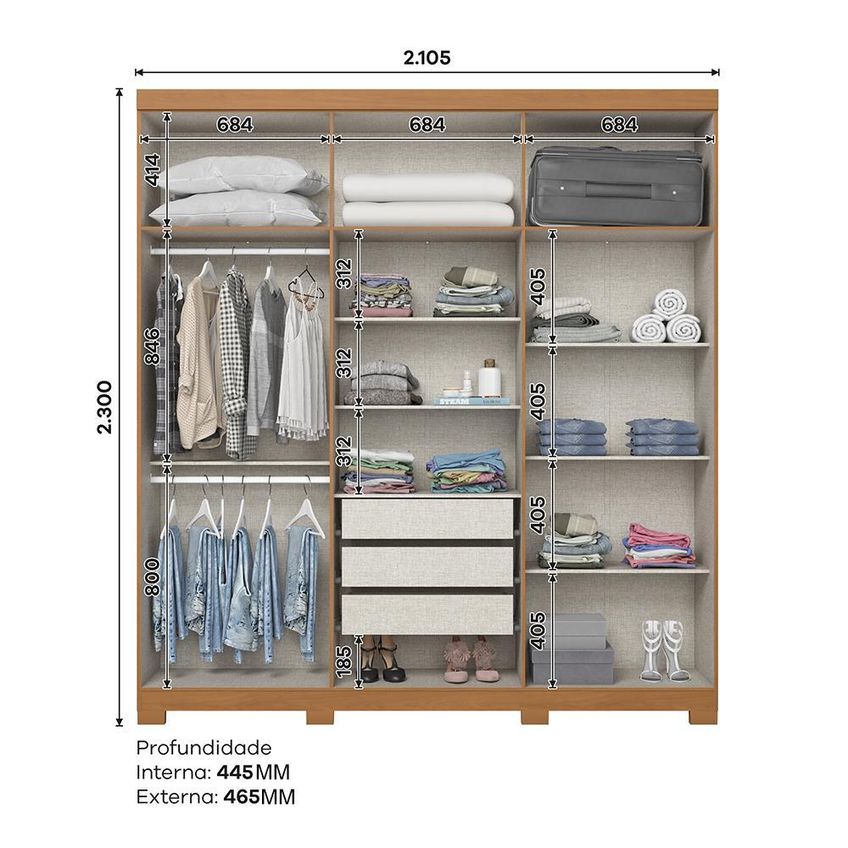Guarda Roupa Casal Flora 6 Portas Cinamomo/off White Com Espelho - Móveis Henn - imagem 5