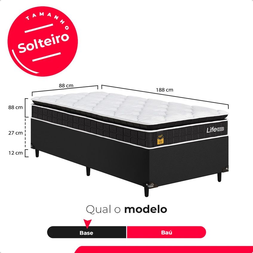 Cama Box Base Solteiro Couro Preto + Colchão Life D33 Pillow Top 61x88x188cm - Preto - E-shop Casa - imagem 3