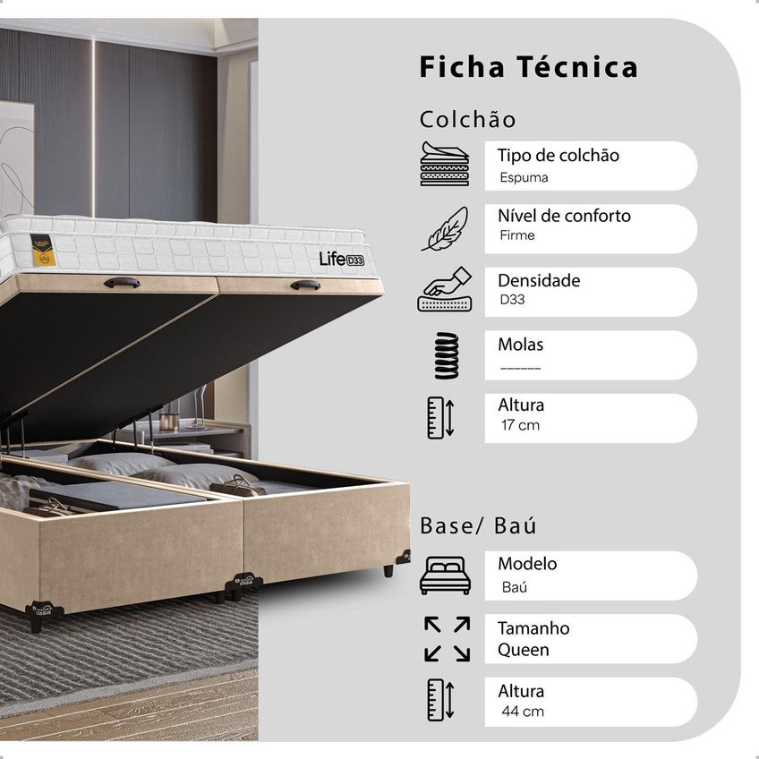 Cama Box Baú Queen Bipartido Bege Colchão Life D33 Pillow Top 61x158x188cm Branco E-shop Casa - imagem 2