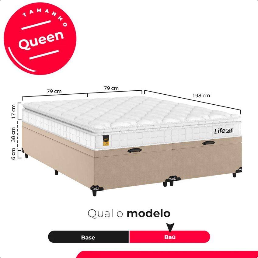 Cama Box Baú Queen Bipartido Bege Colchão Life D33 Pillow Top 61x158x188cm Branco E-shop Casa - imagem 3