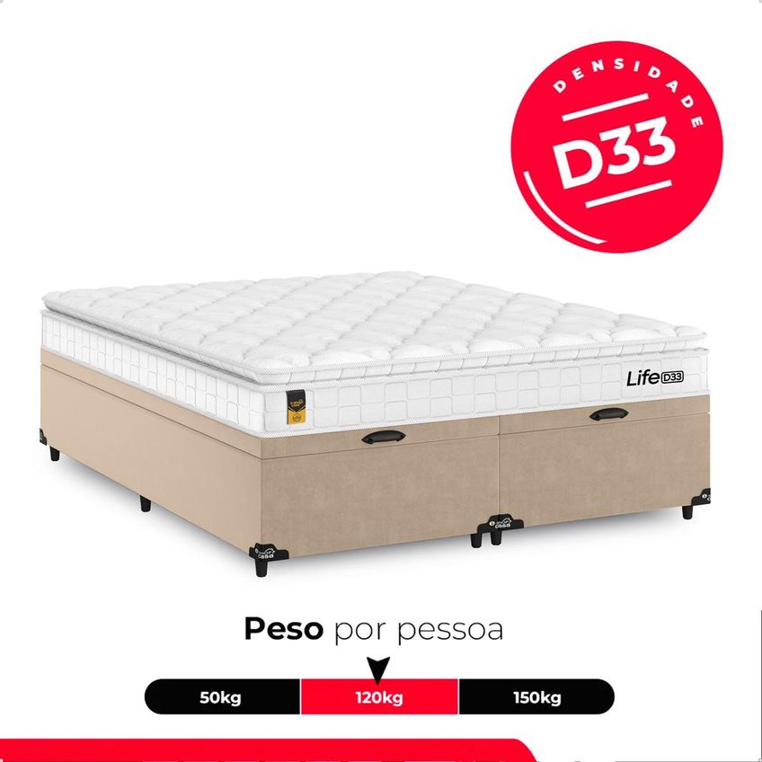 Cama Box Baú Queen Bipartido Bege Colchão Life D33 Pillow Top 61x158x188cm Branco E-shop Casa - imagem 4