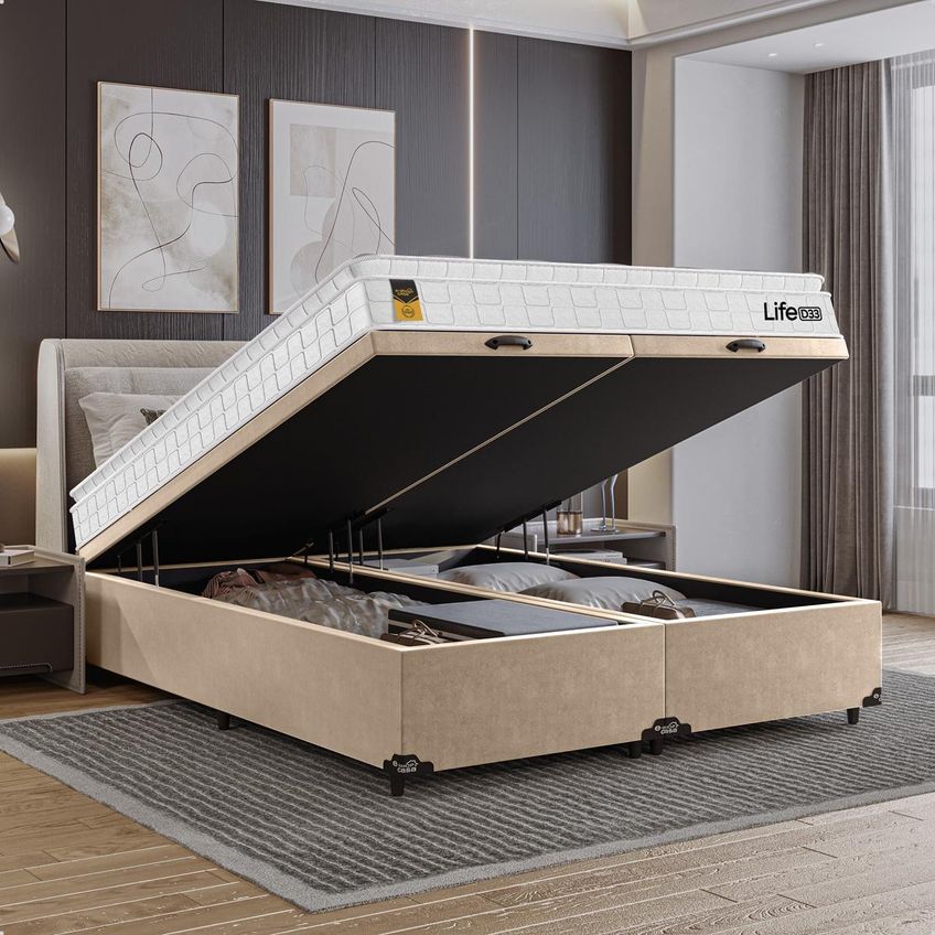 Cama Box Baú Queen Bipartido Bege Colchão Life D33 Pillow Top 61x158x188cm Branco E-shop Casa - imagem 5