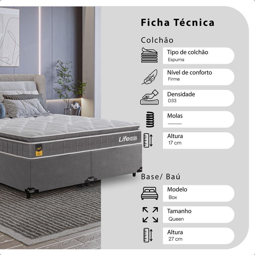 Cama Box Queen + Colchão Life D33 Pillow Top 61x158x188cm - Cinza - E-shop Casa - imagem 2