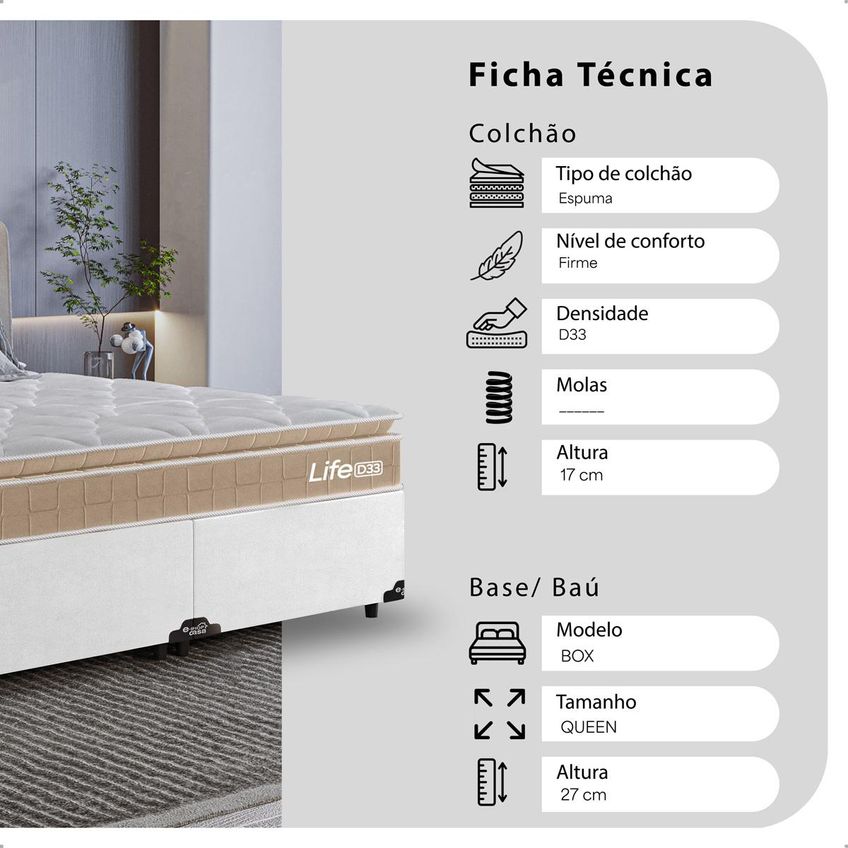 Cama Box Queen Couro Branco + Colchão Life D33 Pillow Top Bege - 61x158x188cm - E-shop Casa - imagem 2