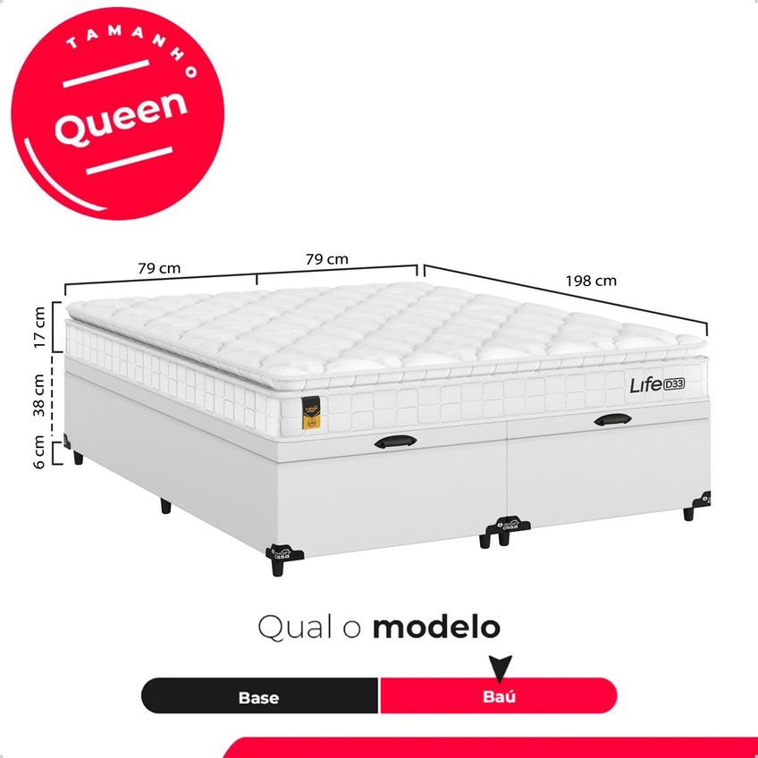 Cama Box Baú Queen Bipartido Couro Branco Colchão Life D33 Pillow Top 61x158x188cm Branco E-shop Casa - imagem 3