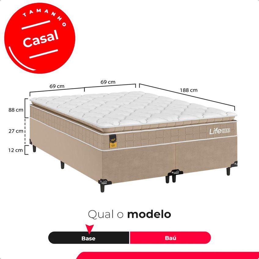 Cama Box Base Casal Bipartido Colchão Life D33 Pillow Top 61x138x188cm Bege E-shop Casa - imagem 3